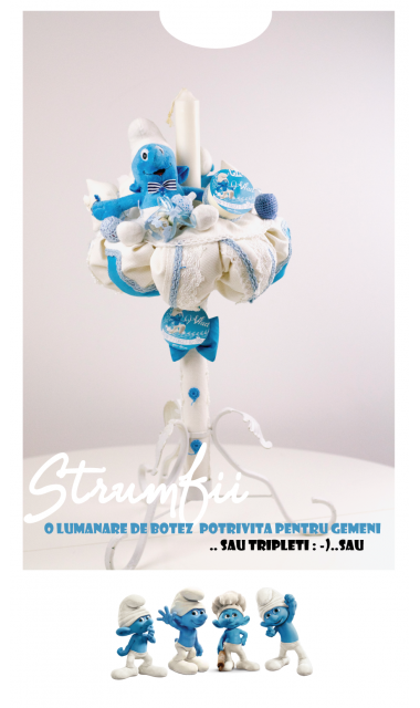 Lumanare de botez pentru baieti cu strumfi, 65x4 cm, Strumfii veseli 4